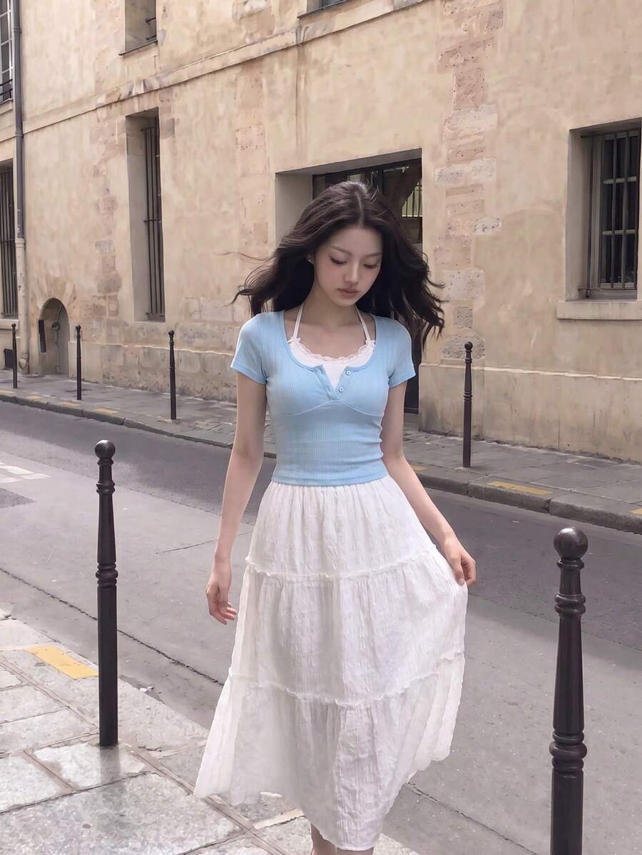 SHEIN MOD Kawaii Ballet Bow Lace Trim Short Sleeve 2 In 1 T-Shirt Summer Women Tops