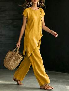 SHEIN Holidaya 2026新款夏季度假休閒兩件套，藍色鈕扣裝飾兩件套，不對稱下擺兩件套，女款鄉村風套裝 - 黃色 - 查看 4