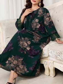 Al Najma Plus Size Women's Floral Print Arabian Dress - Dark Green - View 3