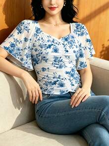 Modelyn 女款藍色玫瑰花卉印花田園風上衣，夏季時尚方領百褶飄逸袖設計，適合日常與外出穿著 - 彩色 - 查看 3