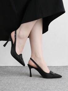 CUCCOO CHICEST 女款戶外尖頭細高跟布面鞋，時尚簡約舒適，配扣設計，適合日常宴會與派對穿著 - 沙丁 黑色 - 查看 3