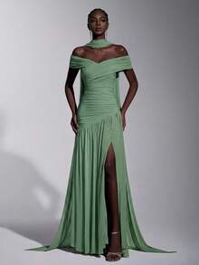 Elitara Elegant Minimalist Chic Off-Shoulder Ruched Asymmetric A-Line High Slit Dress, Suitable For Weddings, Formal Events, Galas, And Cocktail Parties - Green - View 8