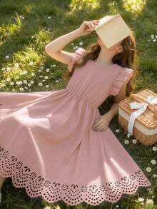 SHEIN 青少年女孩春夏時尚休閒可愛優雅圓領短荷葉袖拼接灰粉色洋裝返校女孩套裝秋季 - 粉色 - 查看 2