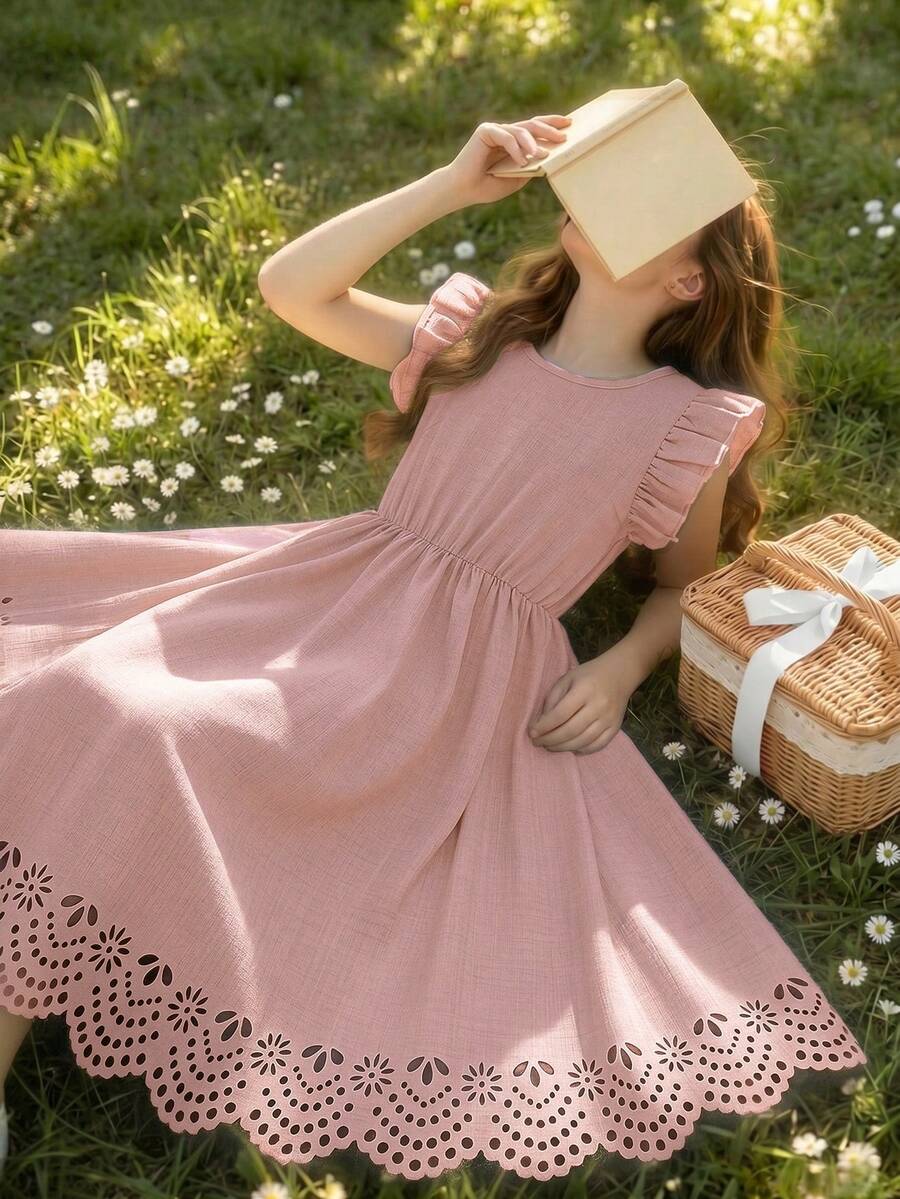 SHEIN 青少年女孩春夏時尚休閒可愛優雅圓領短荷葉袖拼接灰粉色洋裝返校女孩套裝秋季