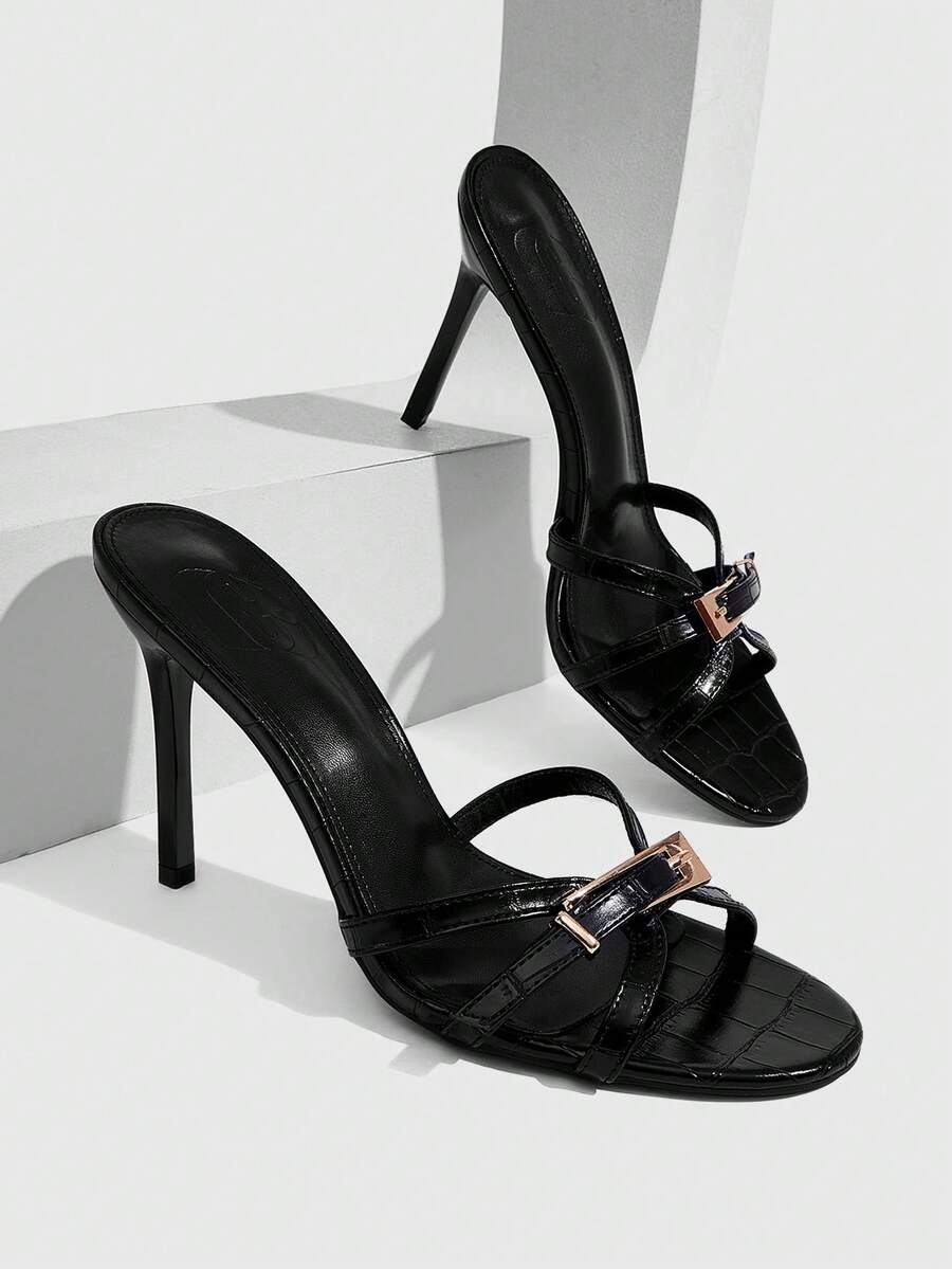 CUCCOO SZL Retro Black Embossed Metal Buckle Toe Slippers, Daily Versatile Models - Black - View 1