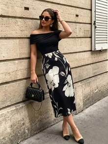 Modelyn Women's Knitted Printed Ribbed Texture Off-Shoulder Commuter Elegant Charming Waist-Cinching Midi Dress - Black - View 5