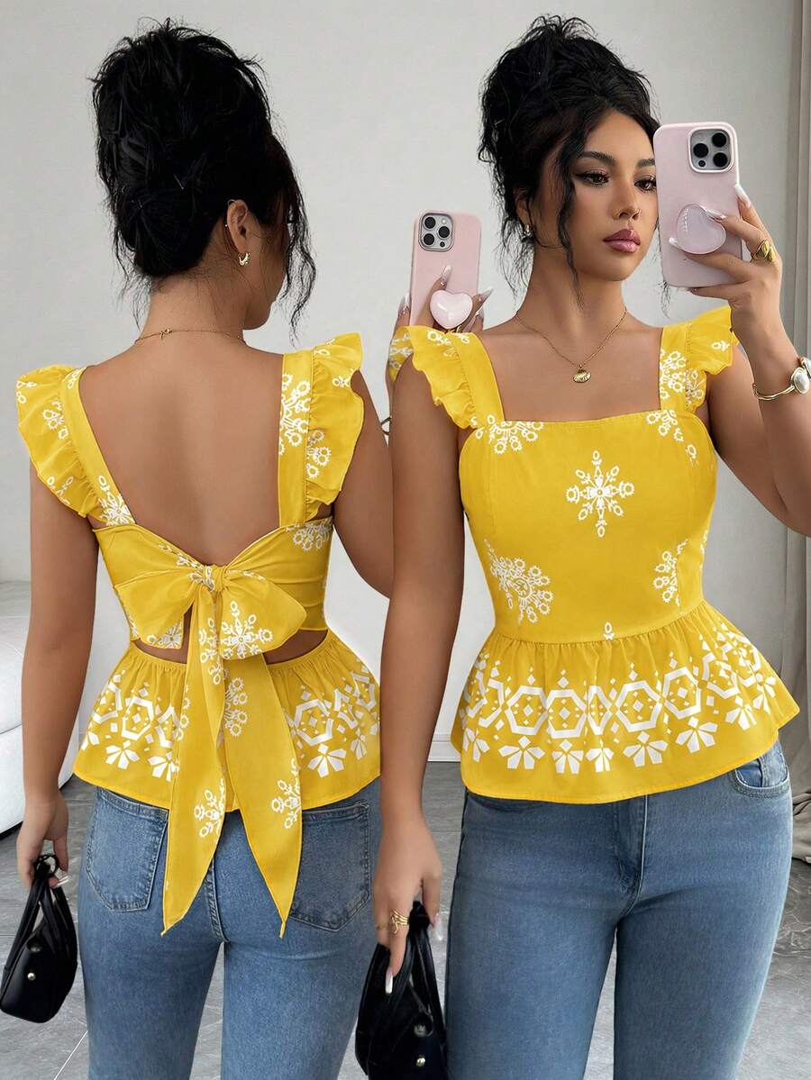 Elenzga Women's Summer New Apricot Base Black Positioned Print Back Bow Tie Waist-Cinching Flutter Sleeve Blouse - Yellow - View 1