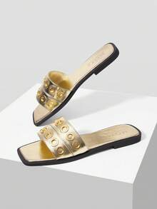 MOTF PREMIUM WOMEN METALLIC GOLD SQUARE TOE SLIDE SANDALS DOUBLE STRAP EYELET DECOR FLAT SLIP ON MULES SUMMER CASUAL BEACH SLIPPERS - Light gold - View 2