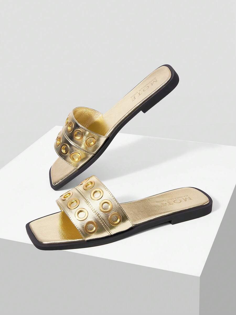 MOTF PREMIUM WOMEN METALLIC GOLD SQUARE TOE SLIDE SANDALS DOUBLE STRAP EYELET DECOR FLAT SLIP ON MULES SUMMER CASUAL BEACH SLIPPERS - Light gold - View 2