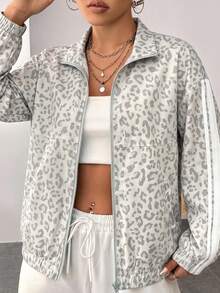 SHEIN EZwear 女款豹紋長袖前拉鍊休閒夾克 - 灰色 - 查看 10