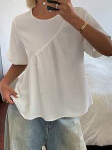Hapijoa Round Neck Solid Color Asymmetric Design Short Sleeve Blouse For Teen Girls Summer - White - View 3