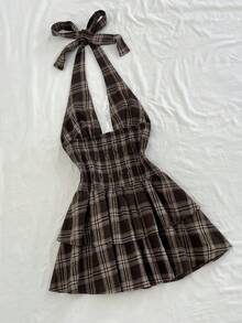 Elamini 女款復古學院風格子洋裝，荷葉邊拼接雙層下擺設計裙，開學季棕色格子夏季日常穿搭 - 棕色 - 查看 2