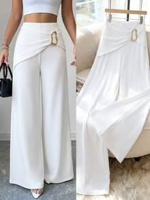 Elenzga Spring Autumn Winter Daily Commute Elegant Metal Buckle High Waist Twisted Knot Apricot Wide Leg Pants Elegant Romantic Exquisite Women's Long Pants - Apricot - View 1