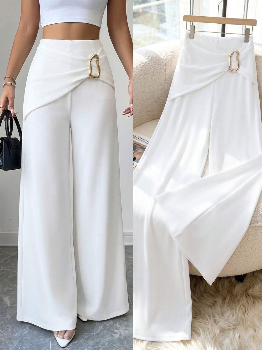Elenzga Spring Autumn Winter Daily Commute Elegant Metal Buckle High Waist Twisted Knot Apricot Wide Leg Pants Elegant Romantic Exquisite Women's Long Pants - Apricot - View 1