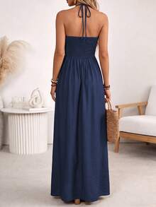 Wandoria Women's Spring/Summer Navy Blue Single-Strand Bamboo Linen Blend With Rayon Spaghetti Strap Tie Bow Front Double Layer Pleated Shirred A-Line Dress - Navy Blue - View 2