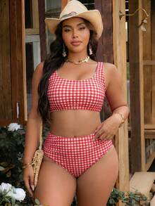 SHEIN Swim Curve 大尺碼女款黑白格紋兩件式時尚休閒度假泳衣套裝 - 紅白色 - 查看 4