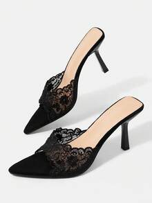 CUCCOO HITCHD 女款刺繡蕾絲尖頭細高跟涼鞋 夏季鞋 - 黑色 - 查看 6