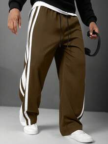 Manfinity Homme Pantalones rectos de talla grande para hombre con bloques de color y rayas - Marrón Mocha - Ver 3