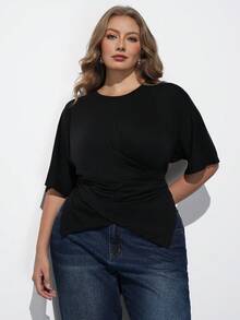 Maija Plus Size Women's Solid Color Round Neck Short Sleeve Ruched Asymmetric Hem Casual T-Shirt Club Formal Black Summer Autumn Halloween - Black - View 6