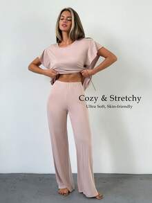 DAZY 女款純色短袖上衣與長褲休閒居家套裝 - 杏色 - 查看 11