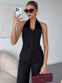 Lavishia Women's Lace Halter Neck Top, Summer Early Autumn, Commute Elegant Fashion Streetwear - Black - View 3