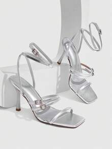 CUCCOO SZL New Square Toe PU Surface Rhinestone Buckle Rhinestone Buckle With Buckle Heel Shoes Romantic Elegance Temperament Simple Sexy Dress Shoes Dating Par - Silver - View 1