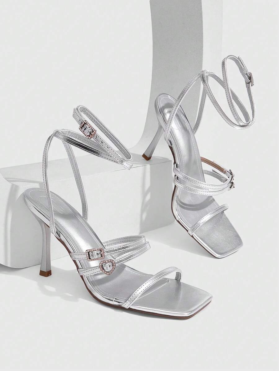 CUCCOO SZL New Square Toe PU Surface Rhinestone Buckle Rhinestone Buckle With Buckle Heel Shoes Romantic Elegance Temperament Simple Sexy Dress Shoes Dating Par - Silver - View 1