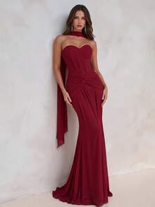 Aloruh Women's Elegant Gray-Green High-Stretch Knit Mesh Ruched Bust Waist Twist Fishtail Hem Dress (Detachable Halter) Formal Gown For Weddings Party Red - Red - View 6