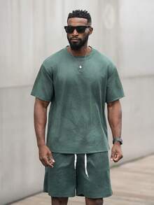 thenoahjr thenoahjr 2-Pieces Men's Geometric Print Round Neck Short Sleeve T-Shirt And Drawstring Waist Shorts Set, Casual Men Two Pieces Casual Short Sets Men 2 Pieces Outfits Men's Co Ord Set Short Men Summer Sweatsuit,Fall Clothes Fleece - Dark Green - View 5