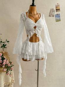 Soleia New Holiday Knit Lace Halter Neck Flare Sleeve Top + Low Waist Multi-Layer Ruffle Skirt 2-Piece Set, Suitable For Holiday, Date, Valentine's Day, Afternoon Tea, Daily Wear, Christmas - White - View 4