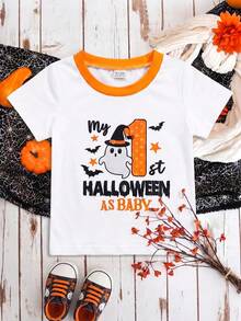SHEIN Playful Pals 中性嬰兒 My 1st Halloween 可愛卡通幽靈圖案圓領對比色短袖T恤 休閒幼兒秋季節日上衣 0-3Y - 白色 - 查看 1