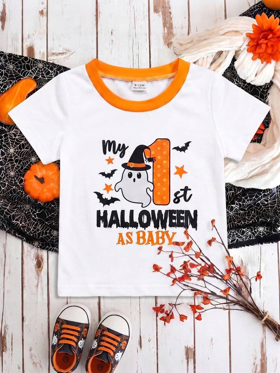 SHEIN Playful Pals 中性嬰兒 My 1st Halloween 可愛卡通幽靈圖案圓領對比色短袖T恤 休閒幼兒秋季節日上衣 0-3Y - 白色 - 查看 1