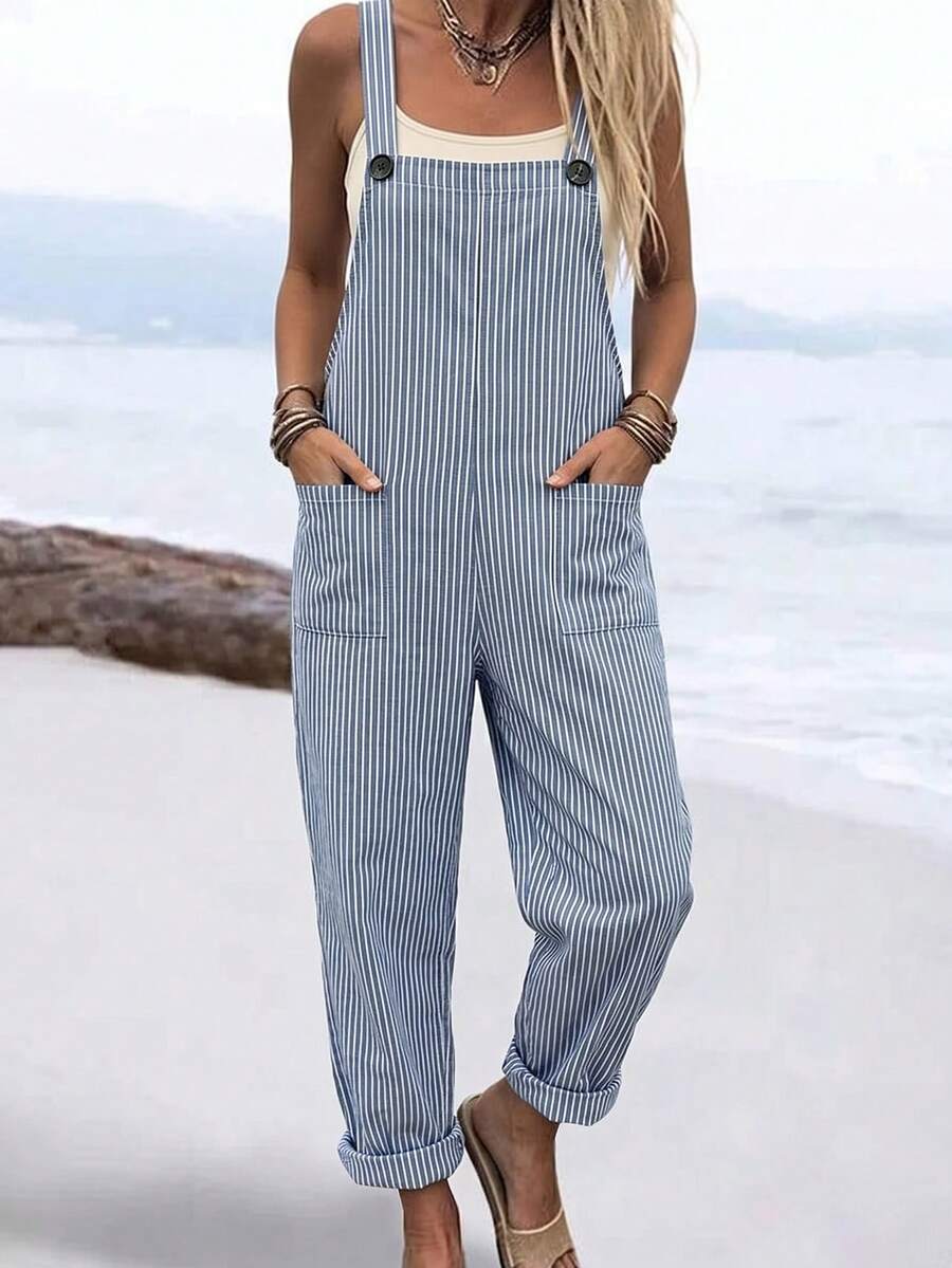 SHEIN LUNE Women's Button Striped Pocket Casual Loose Overalls - Blue - View 1