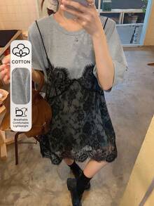 DAZY Women's Lace 2 In 1 Patchwork Casual Daily Mid-Length Dress Summer School - Black - View 6