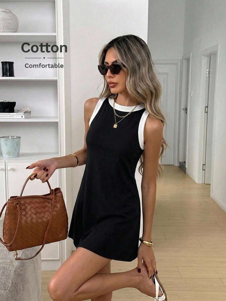 Easowa 女款撞色圓領休閒無袖短洋裝