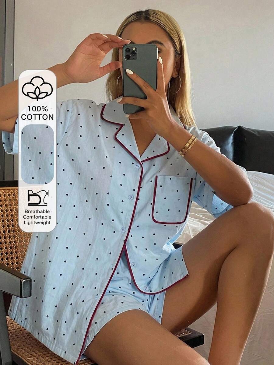 DAZY 女款波點拼色短袖上衣與短褲休閒居家睡衣套裝,適合夏季日常穿著 - 藍色 - 查看 1