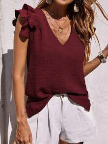 EMERY ROSE Women's Solid Color V-Neck Flutter Sleeve Casual Loose Fit Blouse - Burgundy - View 3