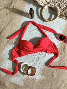 Swim Basics Women's Summer Beach Criss-Cross Halter Bikini Top, Push-Up With Underwire - Red - View 2