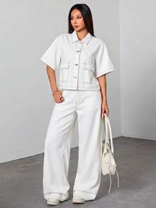 SHEIN 青少年女孩短袖單排扣休閒牛仔夾克 - 白色 - 查看 4