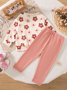 SHEIN Vintaside Kids 女嬰秋冬花卉印花羅紋圓領衛衣打底褲套裝 時尚可愛 親子套裝 2歲生日 粉色米白色 - 粉色 - 查看 3