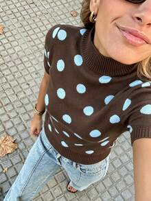 Siren Gaze Women's Brown Polka Dot Turtleneck Short-Sleeved Wool Knit Top Suitable For All Seasons World Cup Brunch Everyday Summer Casual French Retro High Tea - Brown - View 5