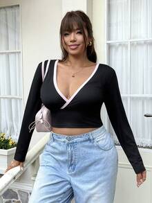 GalTyme Plus Size Women Deep V-Neck Colorblock Casual Versatile Daily Long Sleeve T-Shirt Fall - Black - View 5