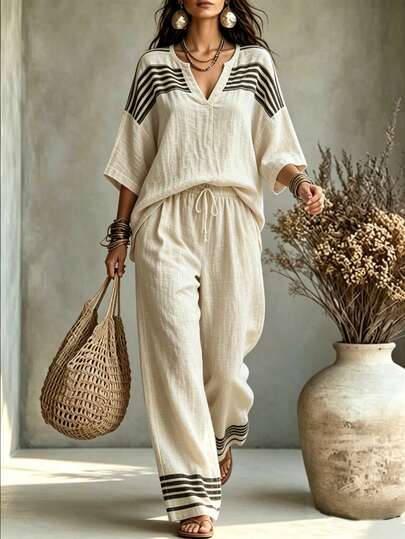 SHEIN Holidaya Women's Casual Vacation Notch V-Neck Loose Striped Print Top + Wide Leg Long Pants 2-Piece Set, Women's Vacation 2-Piece Set,Holiday Outfits