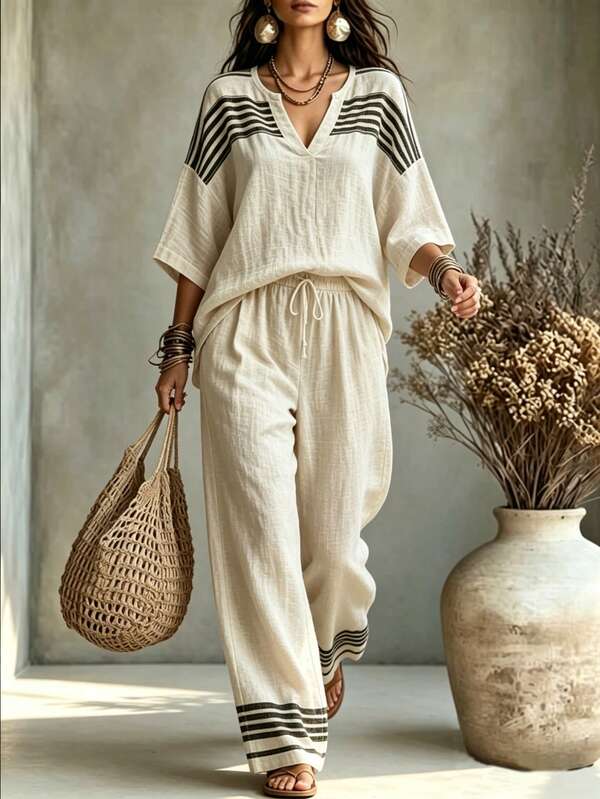 SHEIN Holidaya Women's Casual Vacation Notch V-Neck Loose Striped Print Top + Wide Leg Long Pants 2-Piece Set, Women's Vacation 2-Piece Set,Holiday Outfits