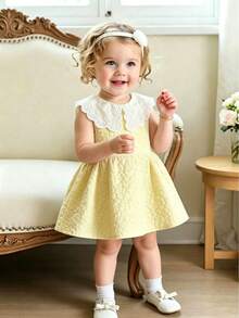 SHEIN Vestido de princesa doce para bebé menina com gola Peter Pan, acabamento em renda, rosa, de verão, sem mangas - Amarelo - Ver 8