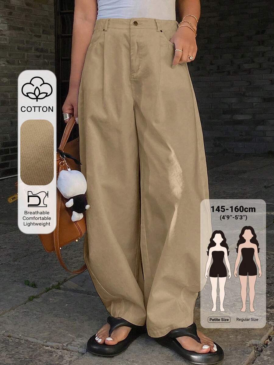 Livesso Petite 女款純色口袋鈕扣休閒百搭日常旅行長褲 - 卡其色 - 查看 1