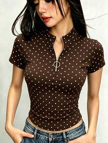 Rina Fox Women's Polka Dot Slim Fit Versatile Casual Short Sleeve T-Shirt - Brown - View 1