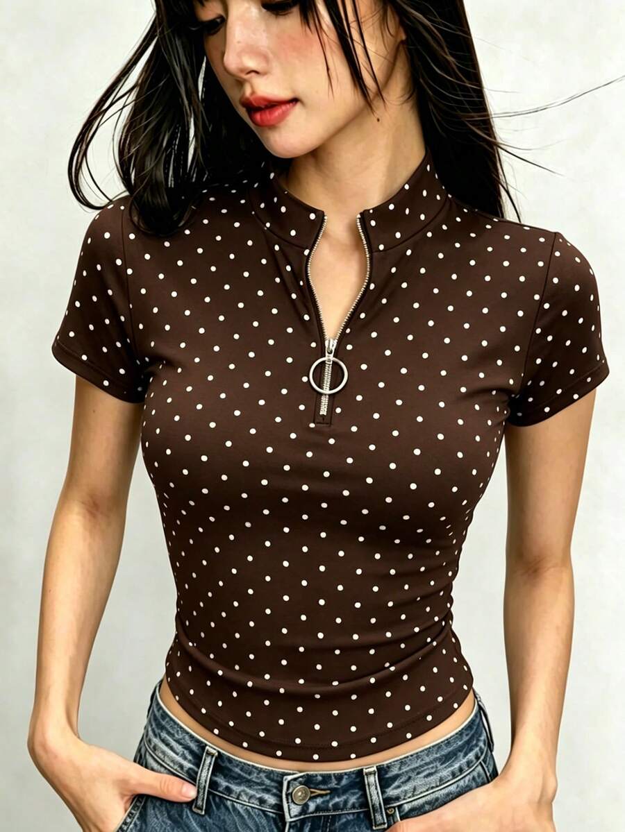 Rina Fox Women's Polka Dot Slim Fit Versatile Casual Short Sleeve T-Shirt - Brown - View 1