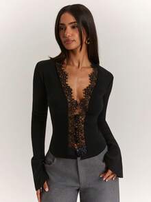 SHEIN BAE Women's Lace Patchwork Fitted Versatile Daily Casual Long Sleeve Top - Apricot - View 5