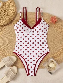 Swim Mod Women's One-Piece Plaid Swimsuit With Spaghetti Strap For Spring/Summer Beach Vacation - Red and White - View 3